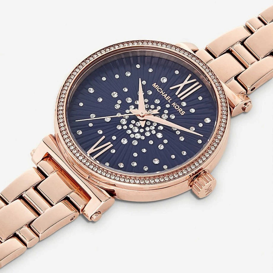 Sofie watch dial detail showing navy face with crystal stones and Roman numerals
