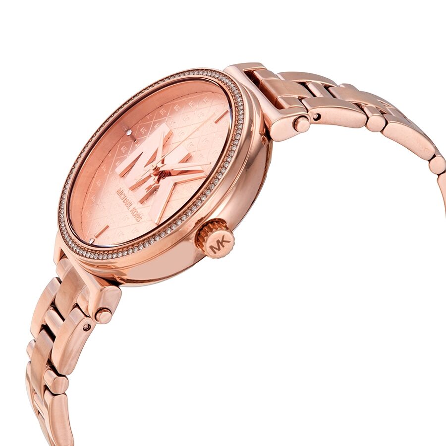 Michael Kors Sofie rose gold watch angled view showing case and bracelet