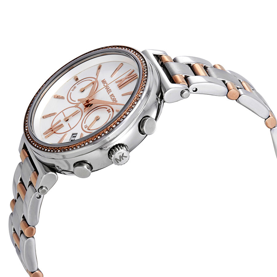 Michael Kors Sofie MK6558 angled side view showing two-tone stainless steel bracelet and crystal bezel
