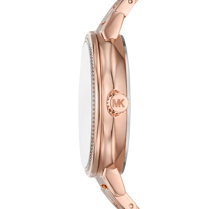 Michael Kors Sofie side view showing rose gold bracelet and MK charm detail