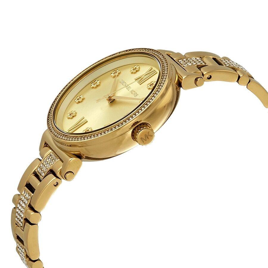 Side angle view of Michael Kors Sofie watch showing round case and pave crystal bracelet