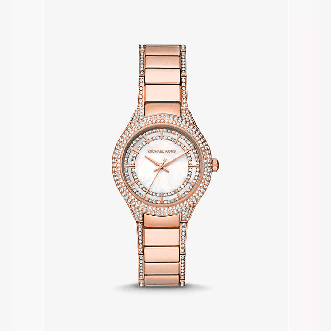 Michael Kors Sylvia rose gold watch with mother of pearl dial and crystal-set bezel