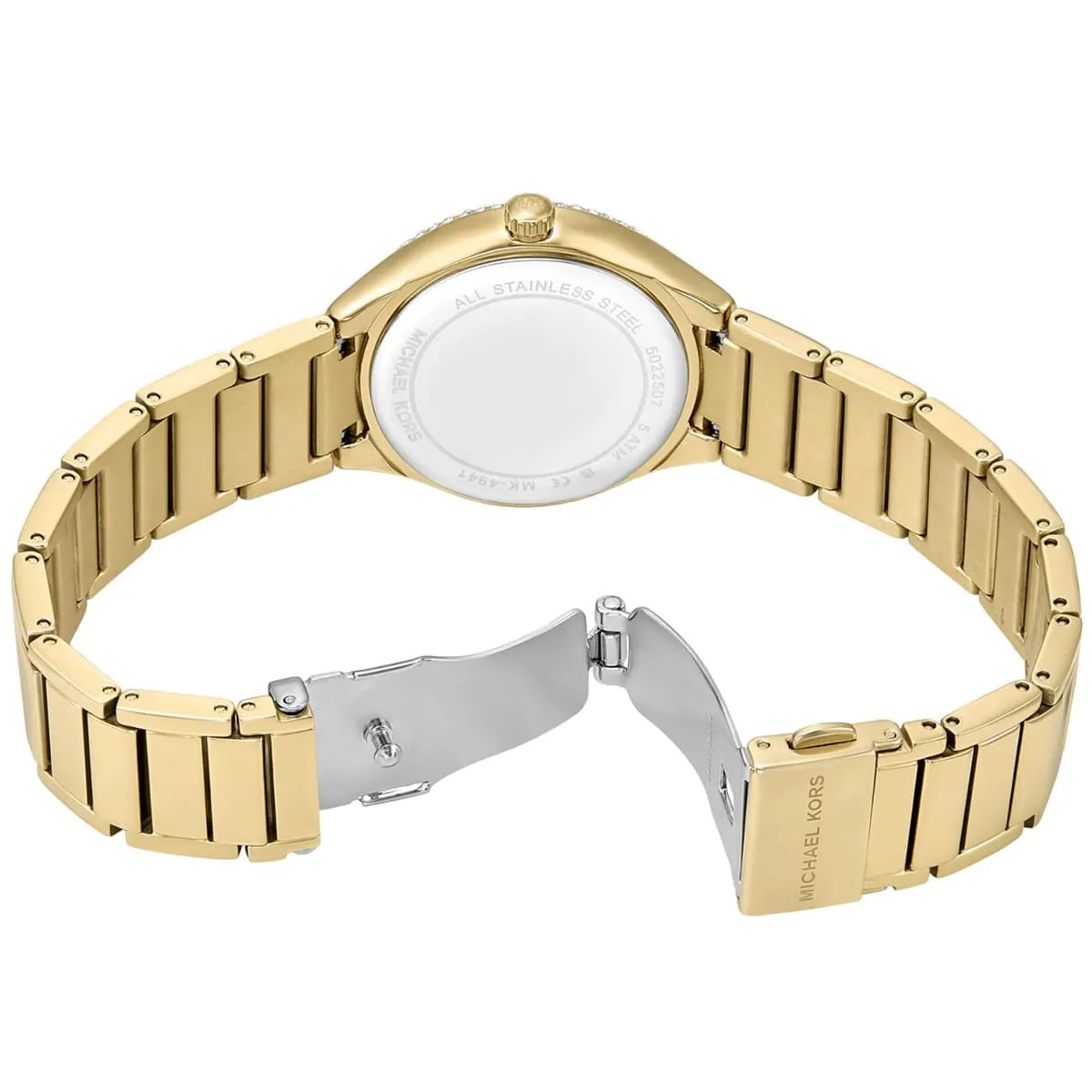 Michael Kors Sylvia watch showing case back band and clasp mechanism detail