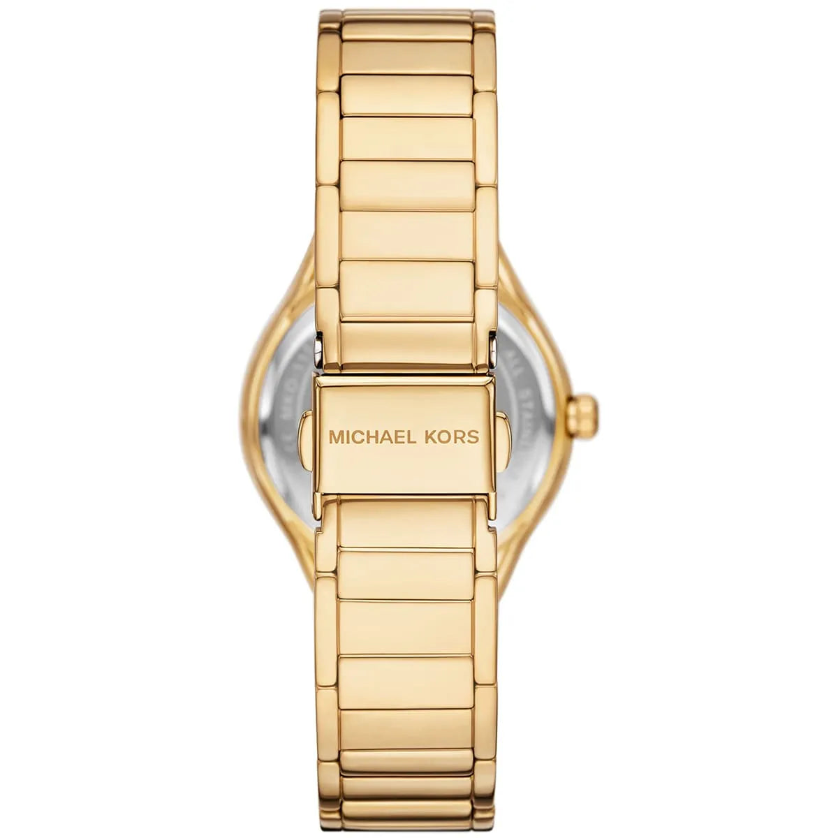 Michael Kors Sylvia watch caseback showing gold-tone stainless steel bracelet and clasp
