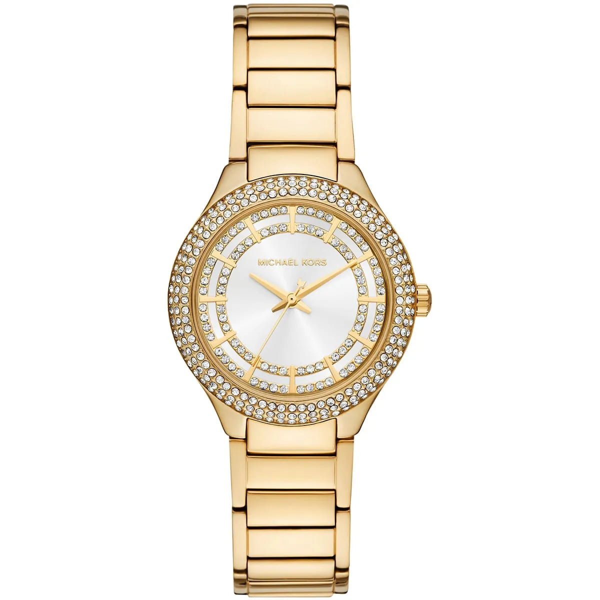 Michael Kors Sylvia gold-tone women's watch with crystal bezel and white dial, straight angle view