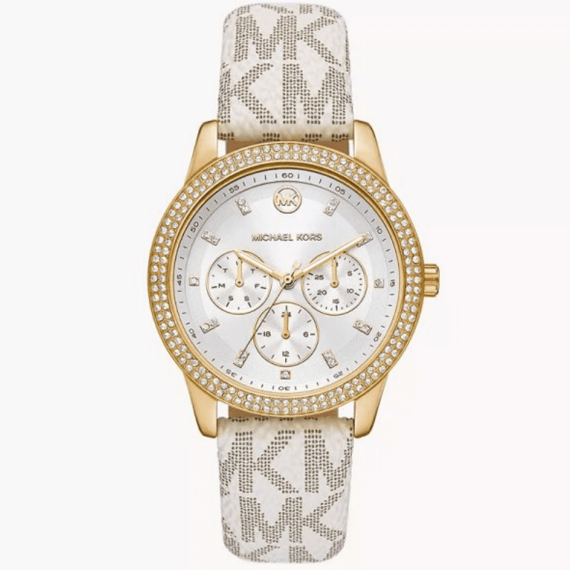Michael Kors Tibby women's watch with silver dial, crystal bezel, white leather strap