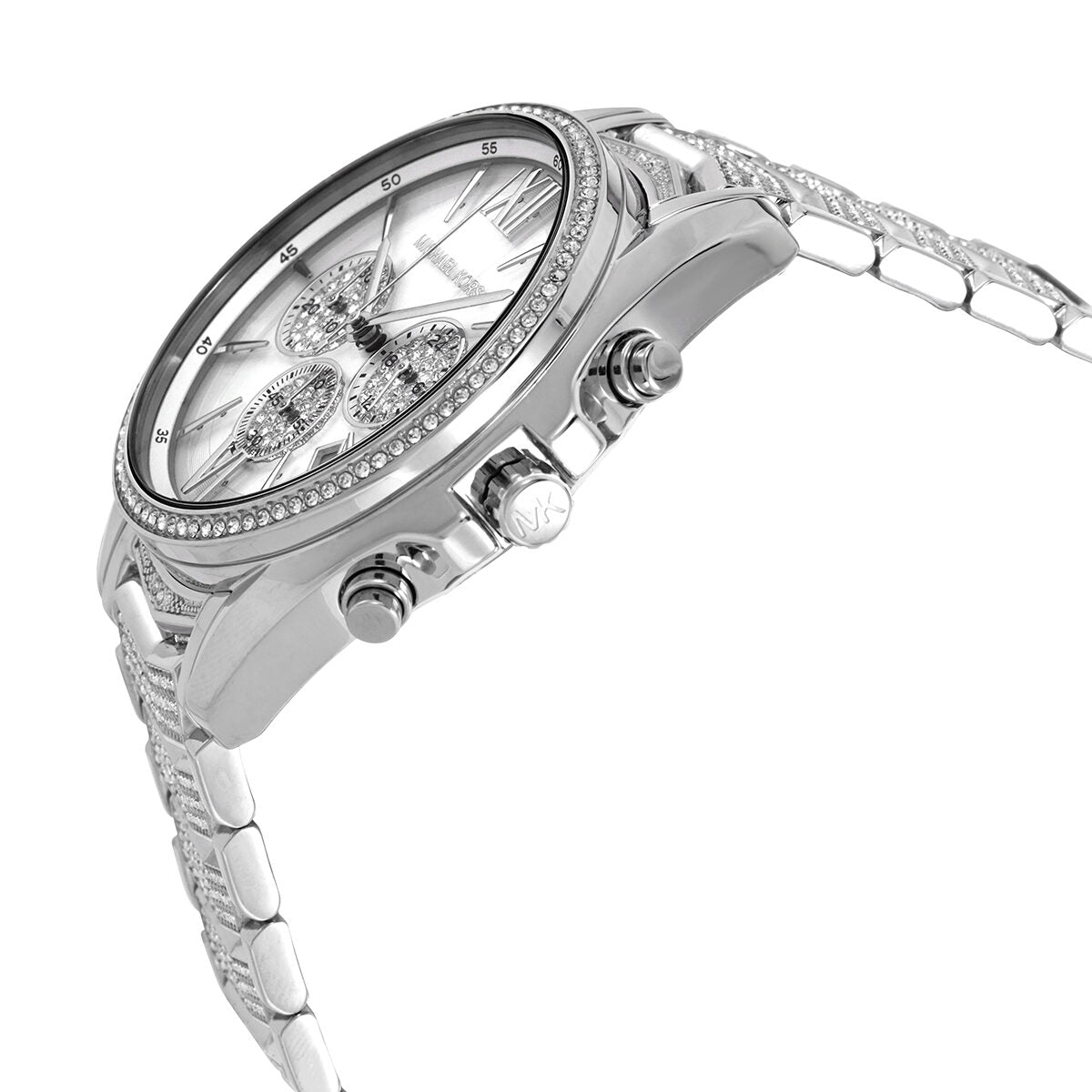 Michael Kors Whitney watch side angle showing three chronograph subdials and crystal bezel