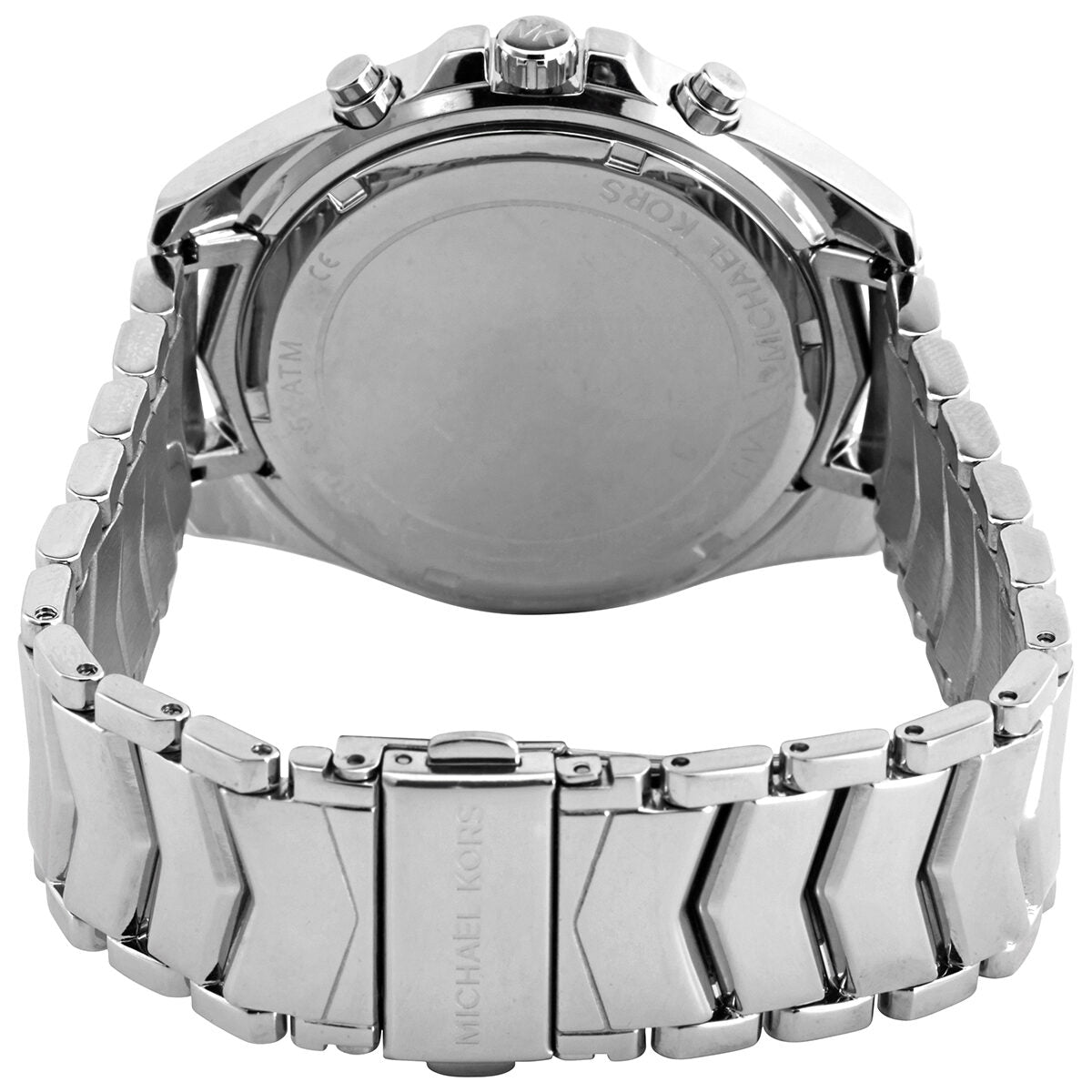 Michael Kors Whitney watch caseback showing stainless steel bracelet detail