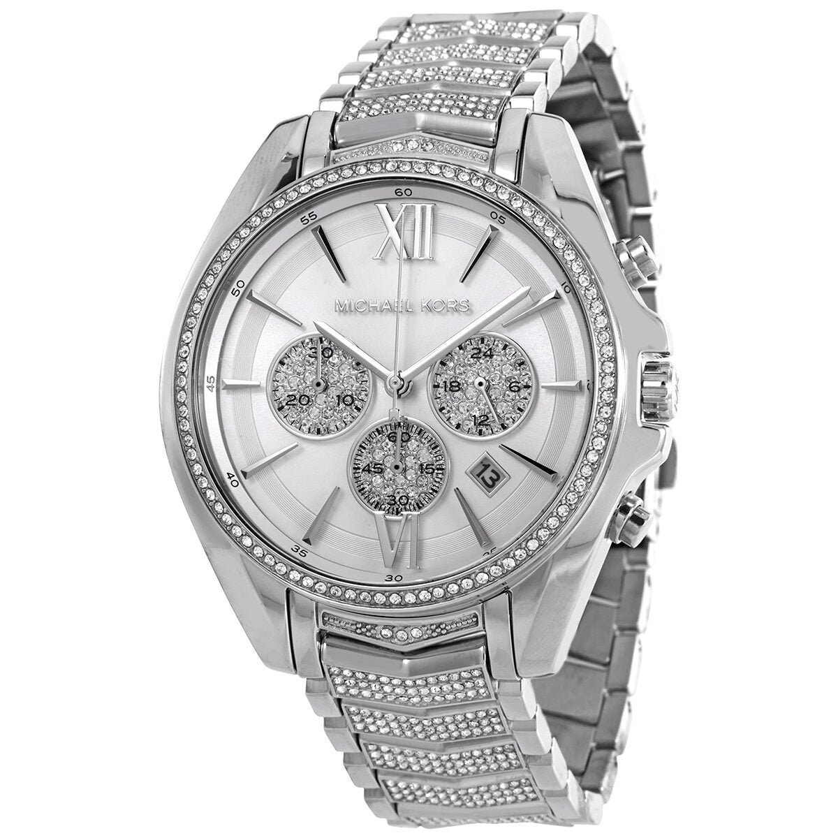 Michael Kors Whitney chronograph watch with silver dial, crystal-set bezel, and steel bracelet