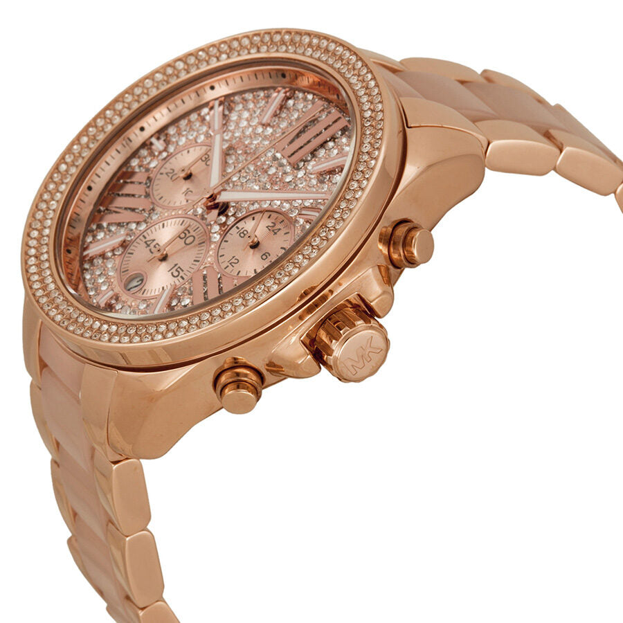 Side view of Michael Kors Wren chronograph showing rose gold case, crystal bezel and link bracelet