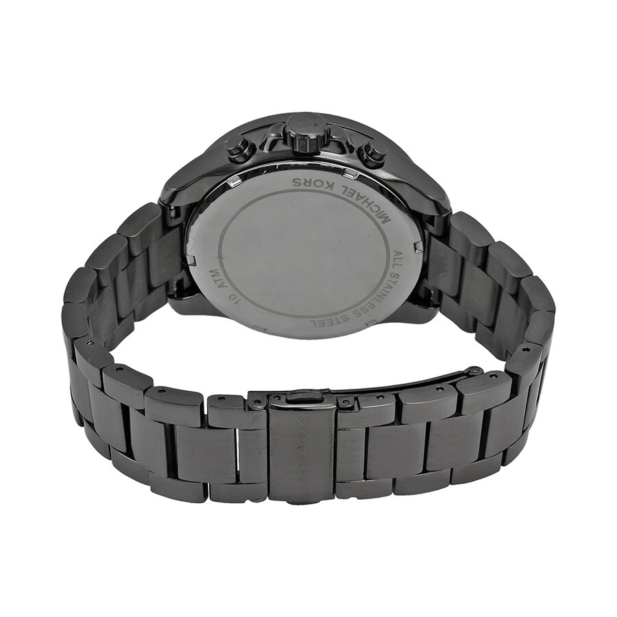 Michael Kors Wren watch caseback showing gunmetal ion-plated stainless steel bracelet