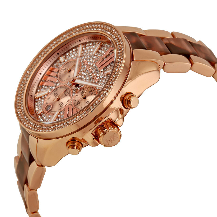 Side view of Michael Kors Wren watch showing rose gold chronograph case and mixed metal bracelet