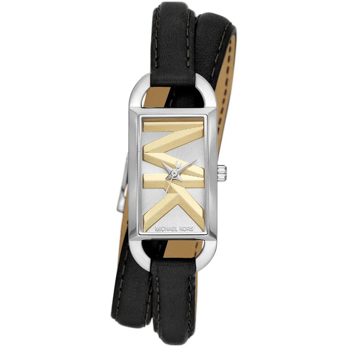 Mini Empire watch with rectangular silver case, champagne dial with gold X design, and black leather wrap strap