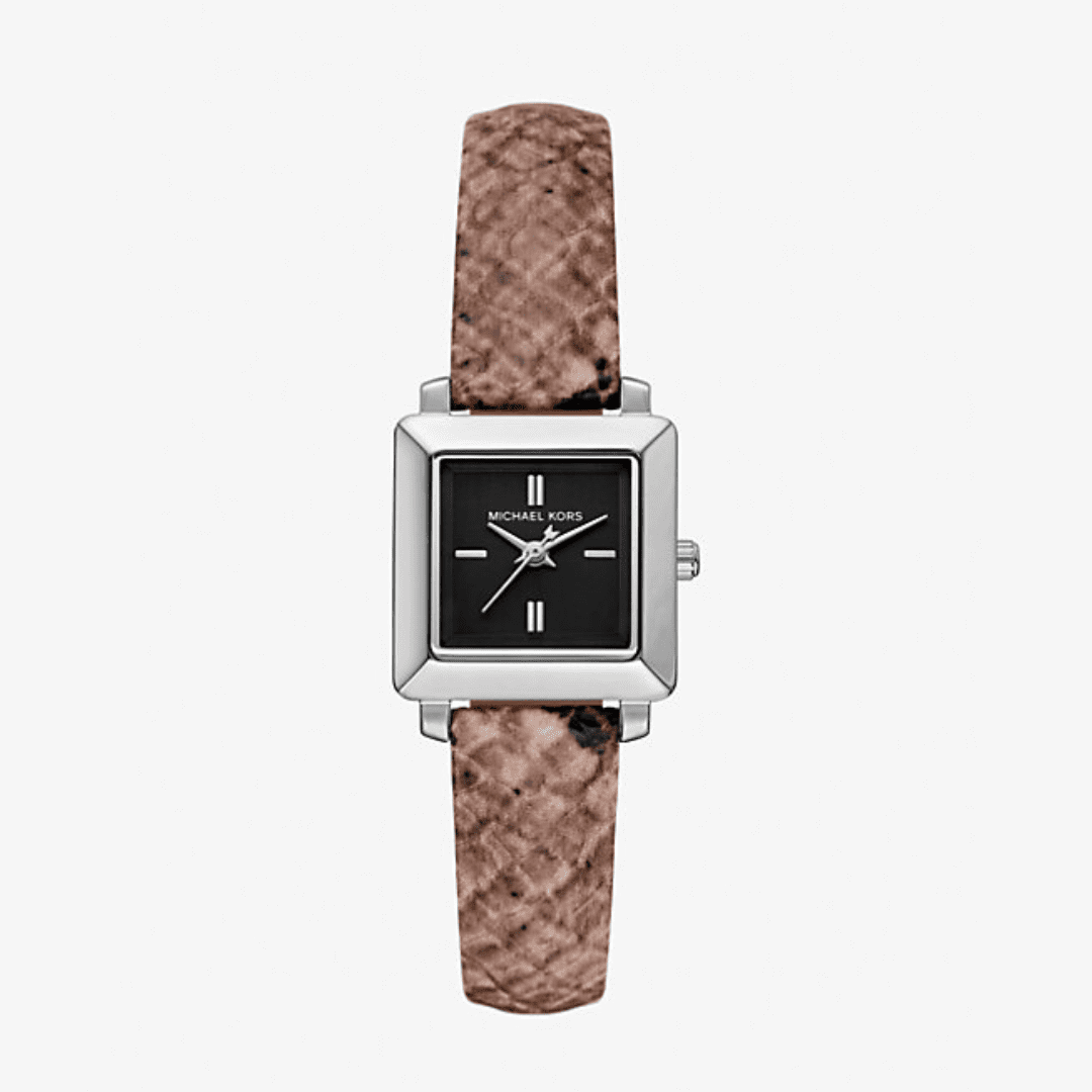 Mini Gwynn snake embossed leather watch in driftwood with square black dial and silver case