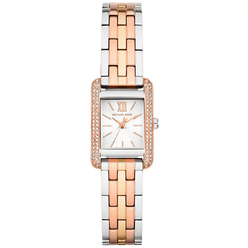 Mini Monroe Pavé tri-tone watch with crystal-set case, white dial, and three-tone link bracelet