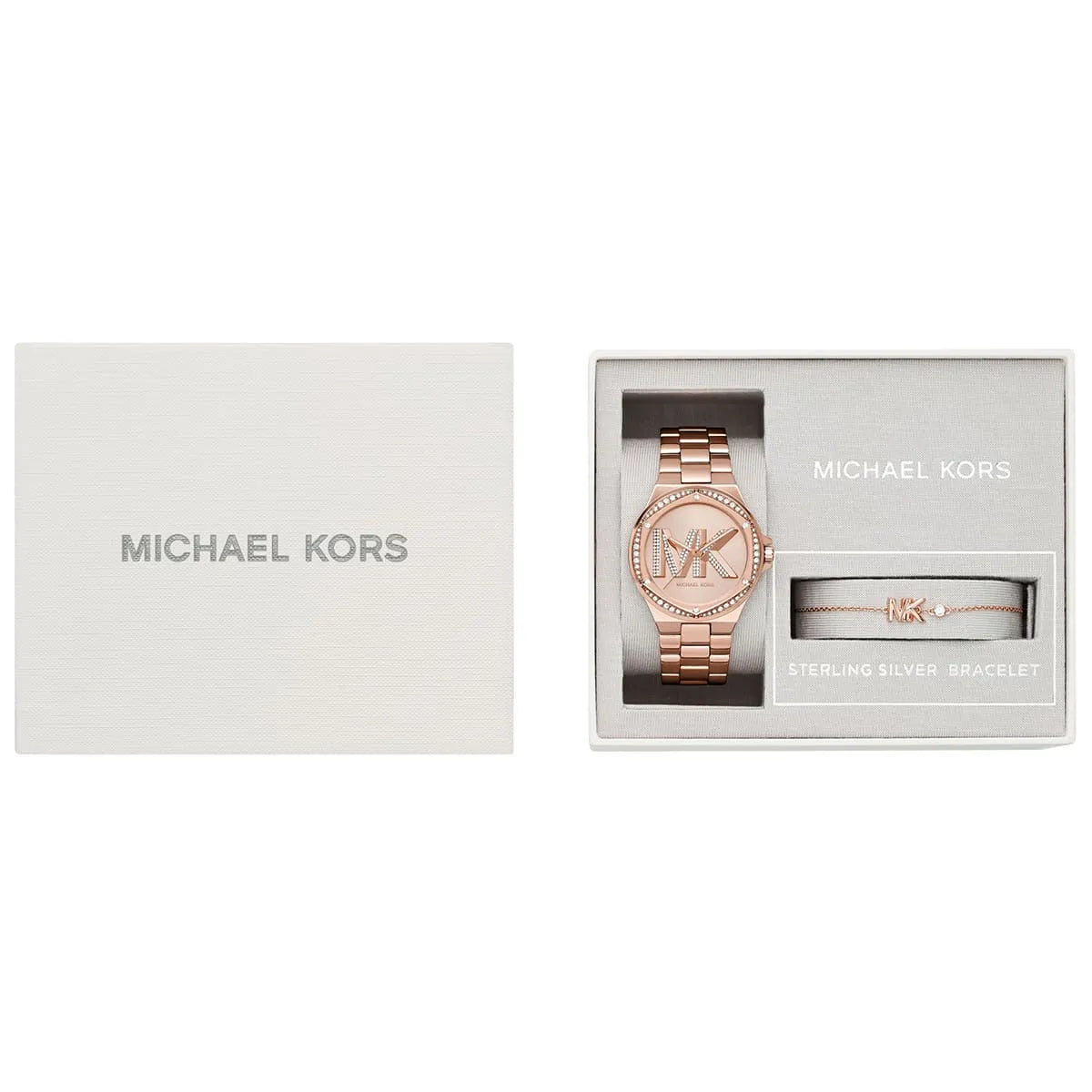 Michael Kors MK1063SET watch gift set with box containing watch and sterling silver bracelet