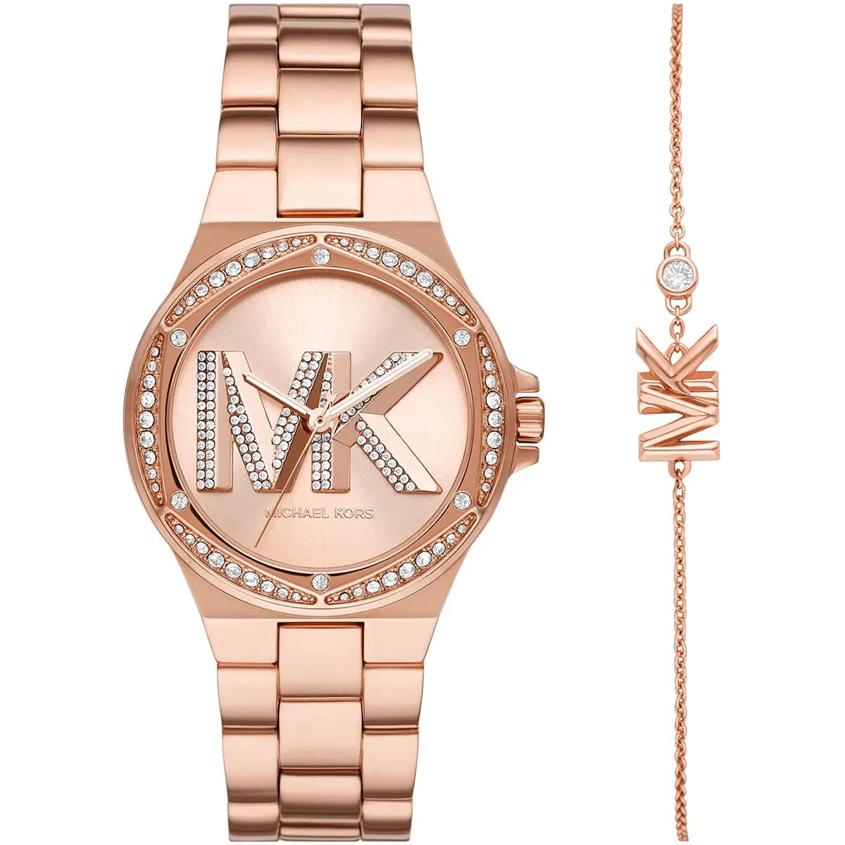 Michael Kors Lennox MK1063SET rose gold watch with crystal-embellished dial and MK logo