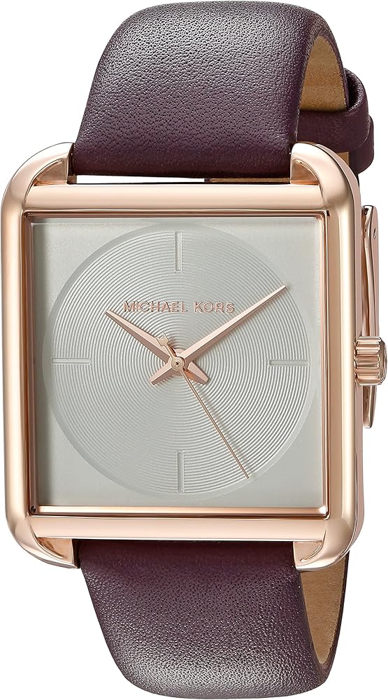 Michael Kors Lake MK2585 watch side view showing square rose gold case and burgundy leather band