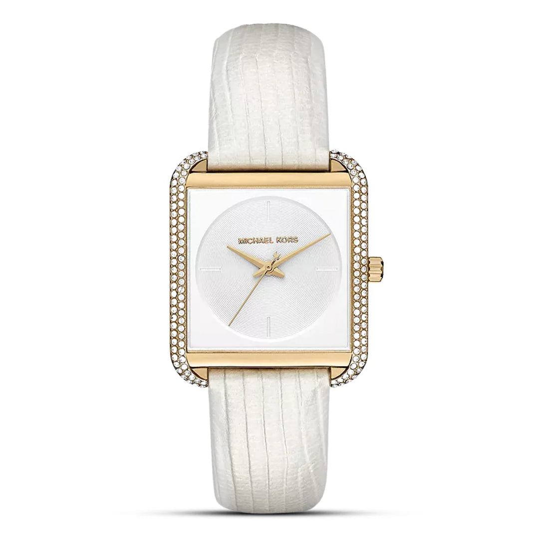 Michael Kors Lake Glitz white dial ladies watch with gold-tone crystal-set square case and white leather strap