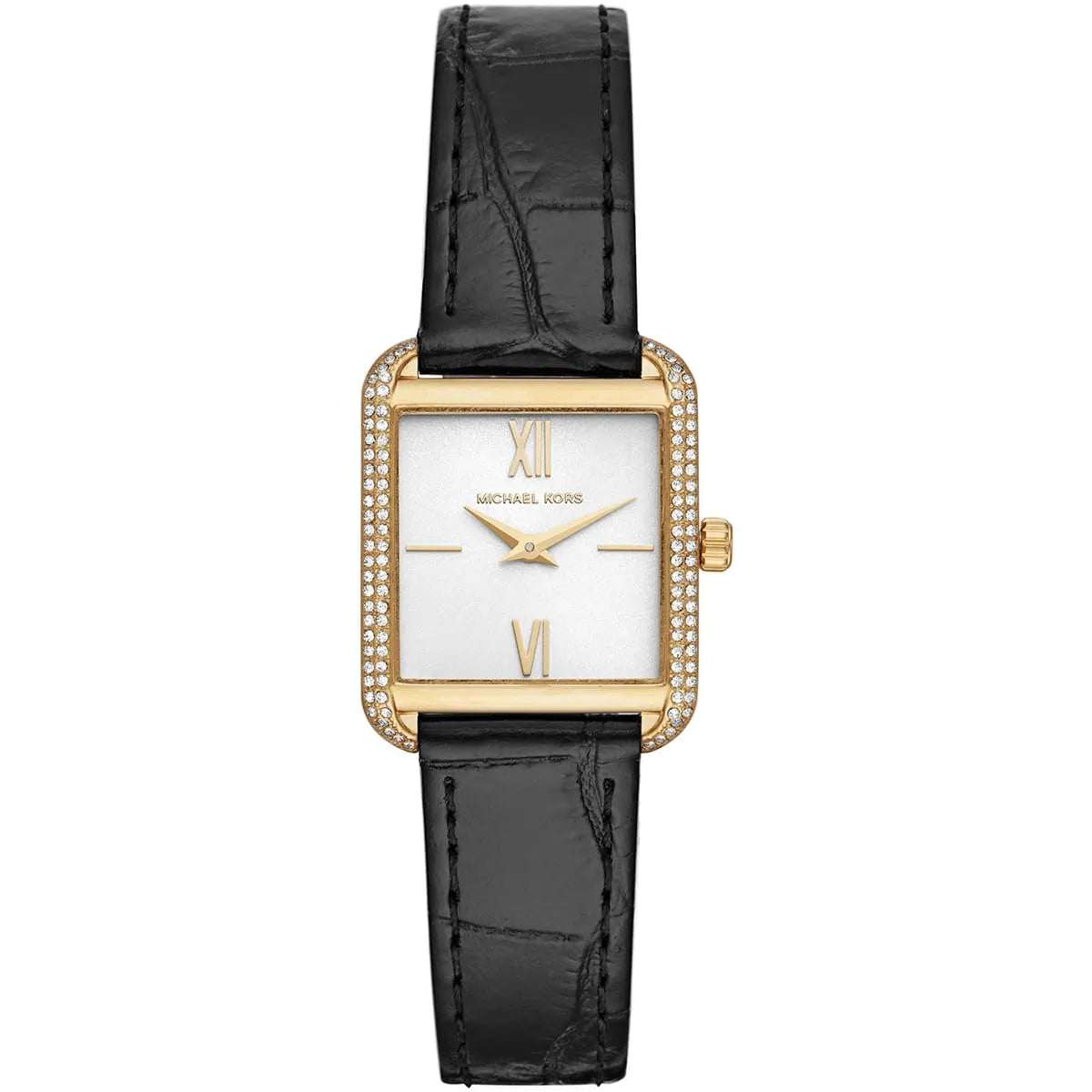 Michael Kors Lake MK2762 women's watch with square white dial, crystal-studded gold case, and black leather strap