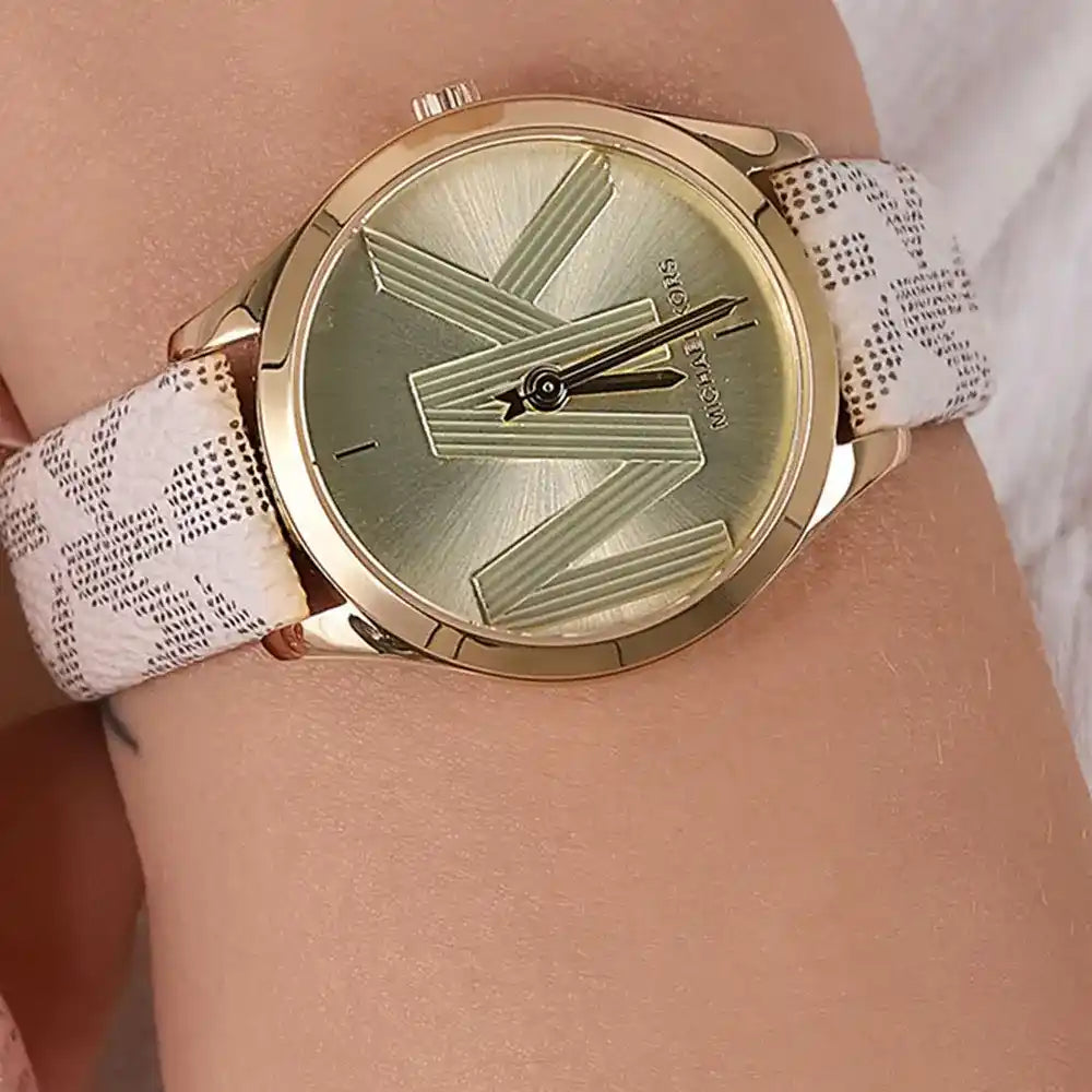 Michael Kors Mini Jaycie Gold Dial Beige Coated Canvas Strap Women's Watch - MK2861
