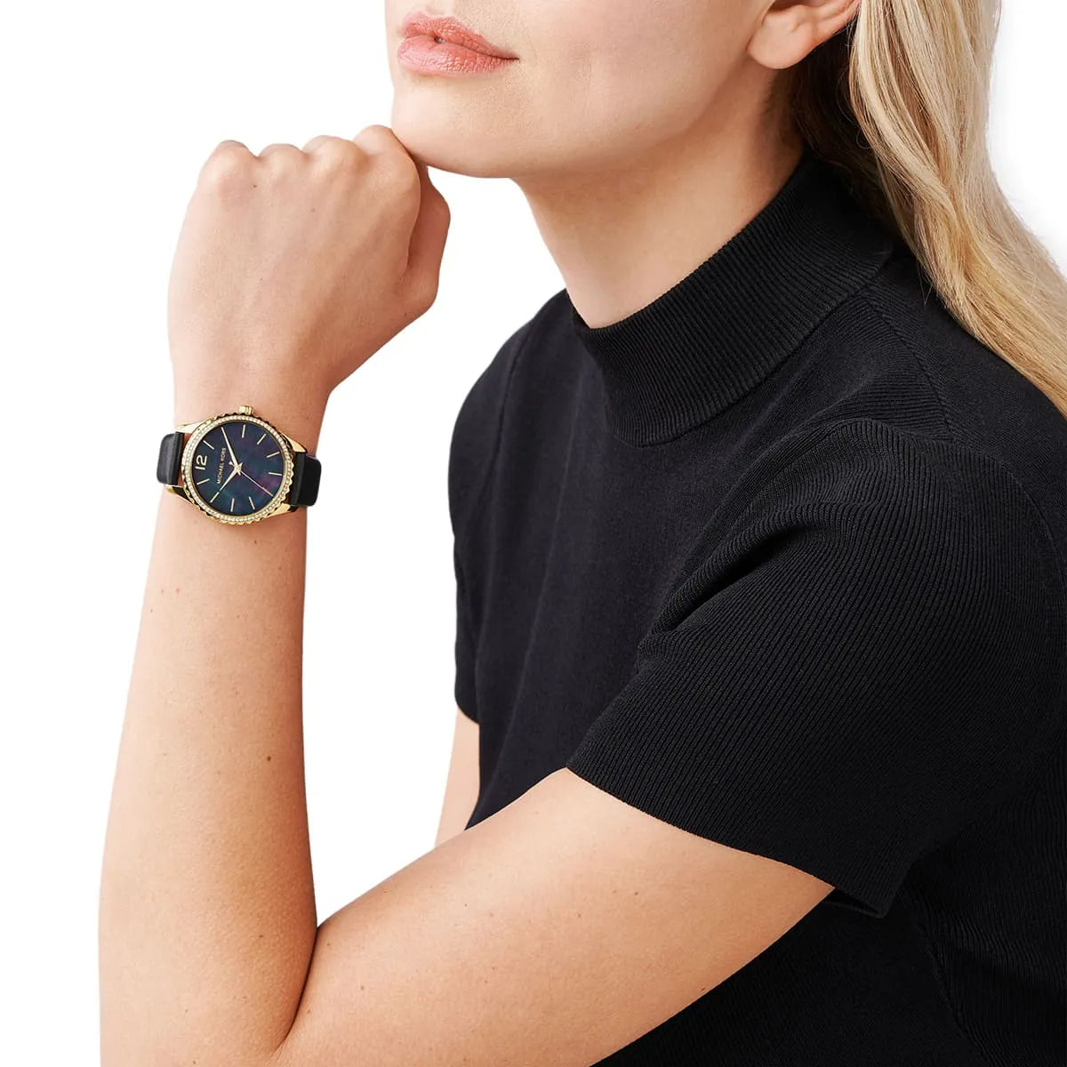 Michael Kors Layton Black MOP Dial Black Genuine Leather Women's Watch - MK2911