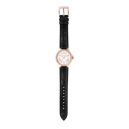 Michael Kors Mini Camille rose gold watch with black crocodile-embossed leather strap worn on wrist