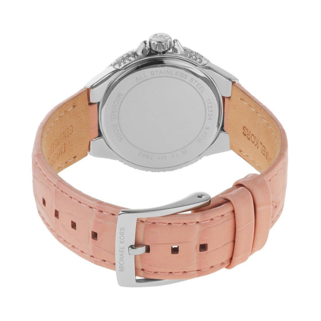 Back view of Michael Kors Camille watch showing caseback and pink crocodile-embossed leather strap