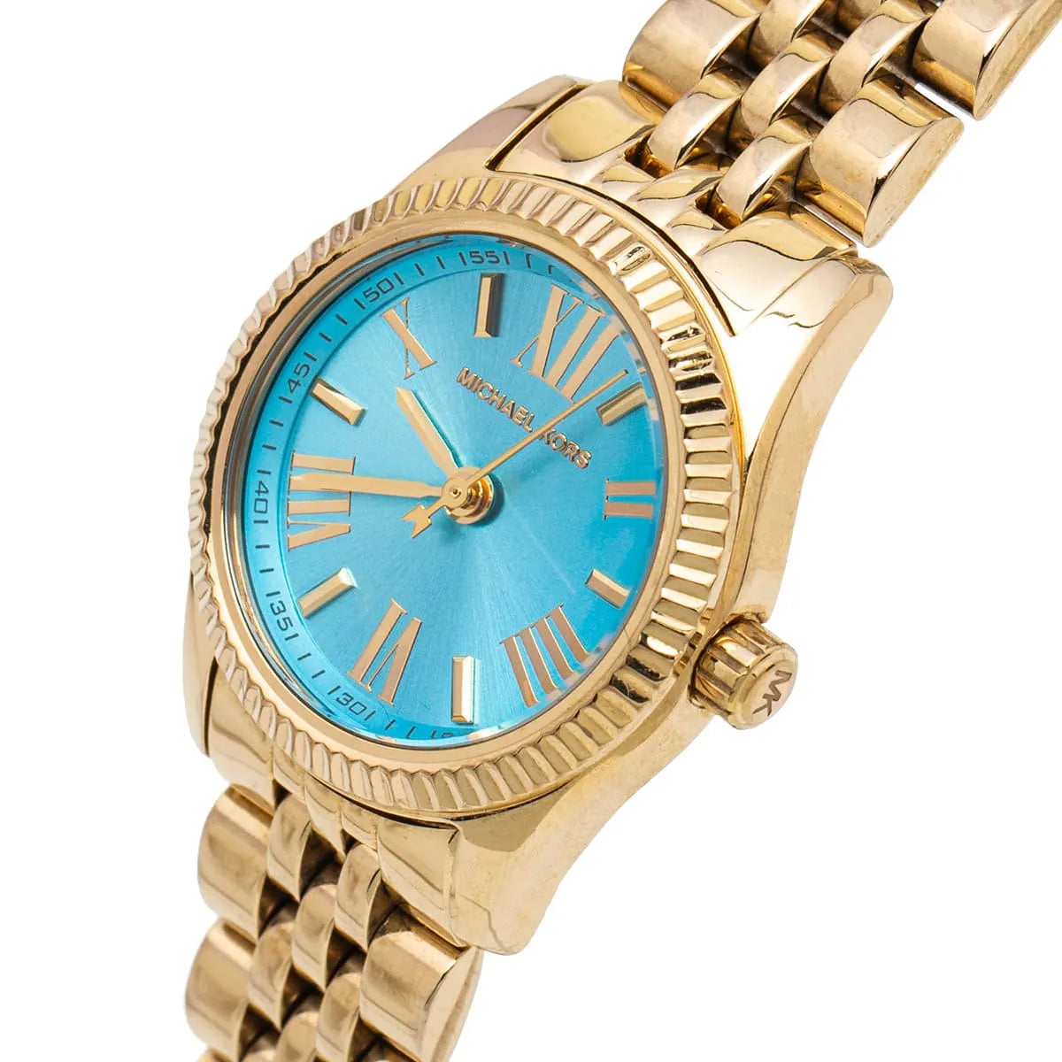 Michael Kors Petite Lexington watch three-quarter view with ocean blue dial and fluted bezel