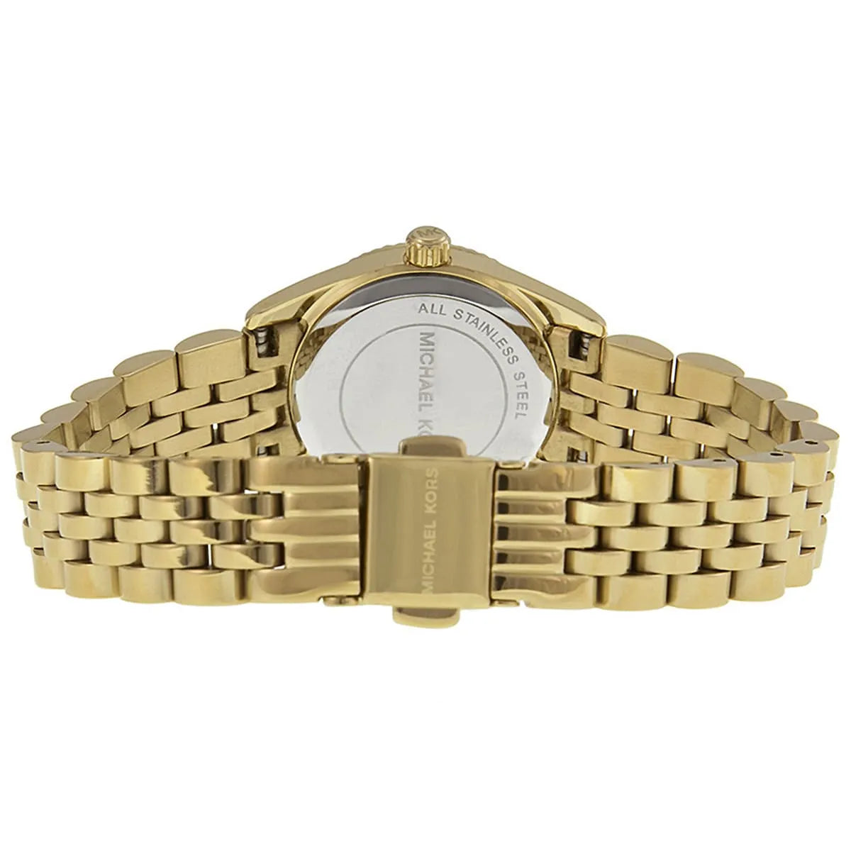 Michael Kors Petite Lexington watch rear view showing white dial window and gold bracelet links