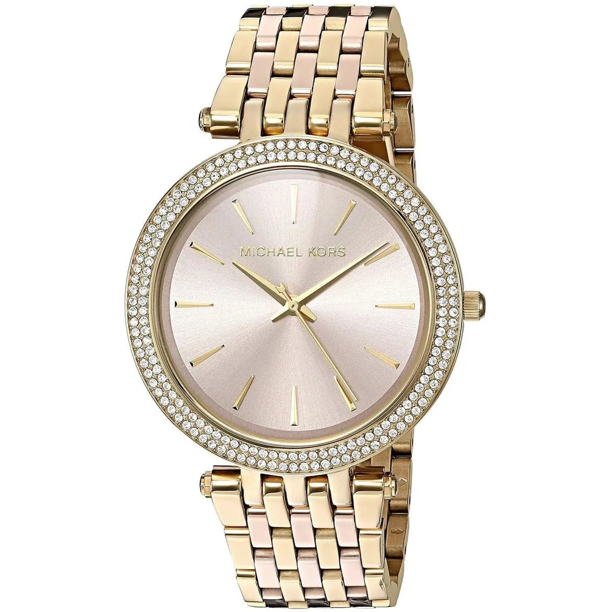 Michael Kors Darci women's watch angled view showing rose gold case and strap