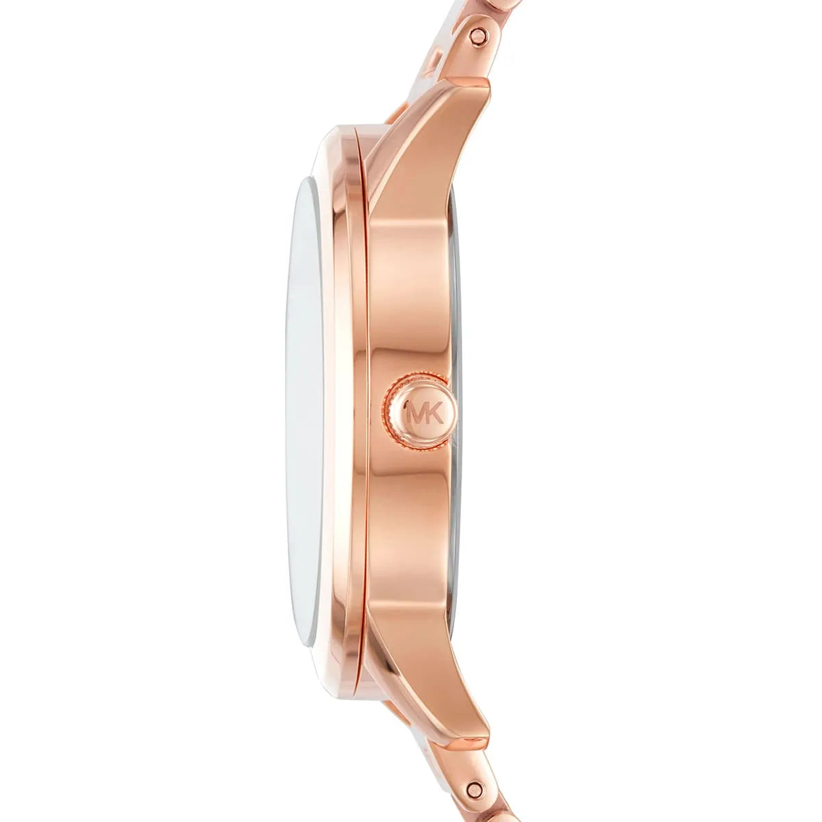 Caseback view of MK3673 showing rose gold stainless steel case back and Michael Kors logo