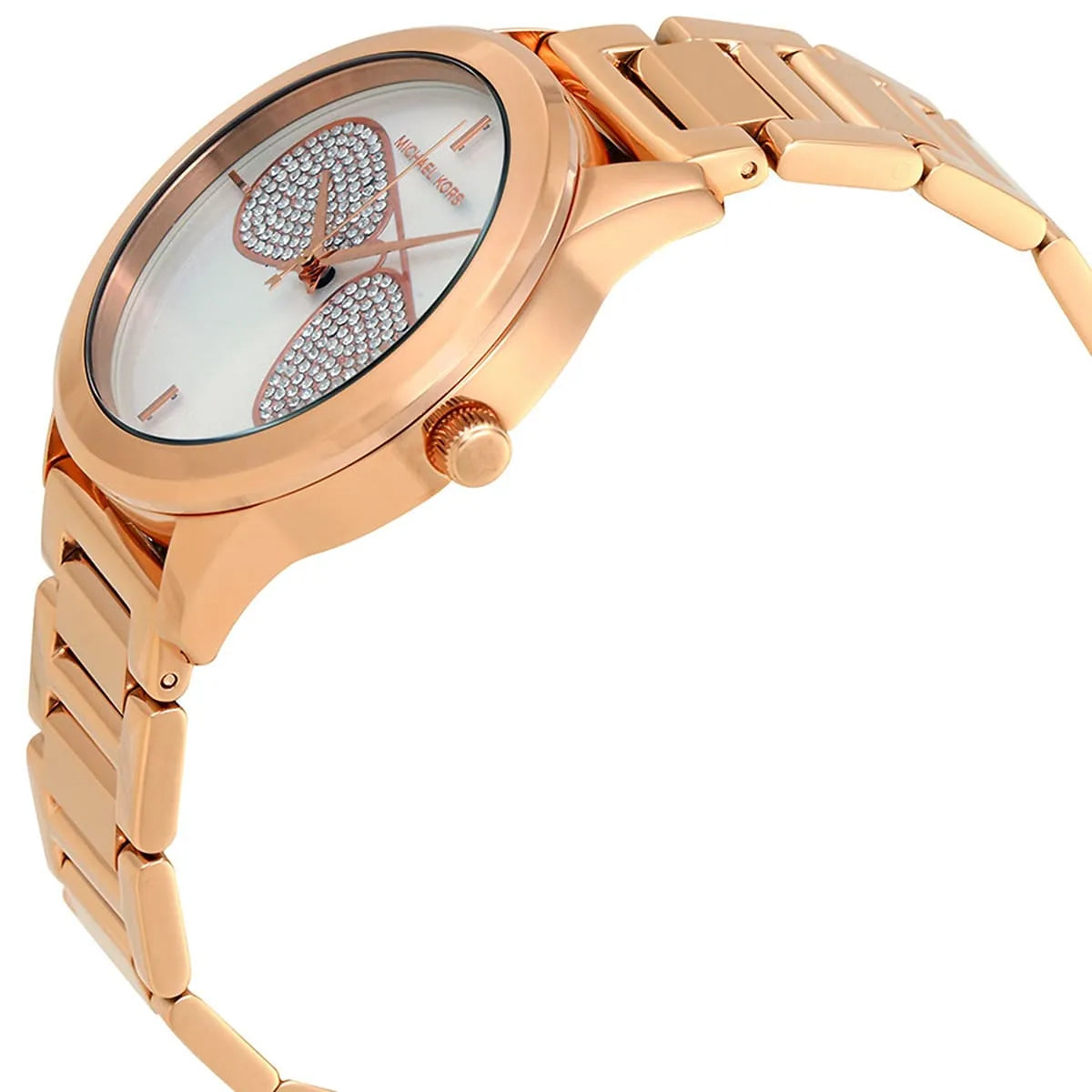Side profile of Michael Kors MK3673 displaying rose gold case, crown, and stainless steel strap