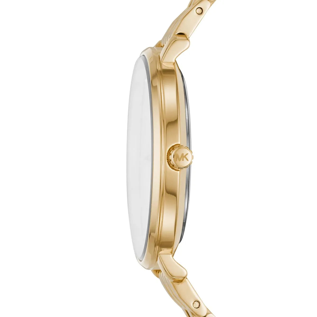 Side profile of Michael Kors Pyper gold-tone watch showing case thickness and bracelet