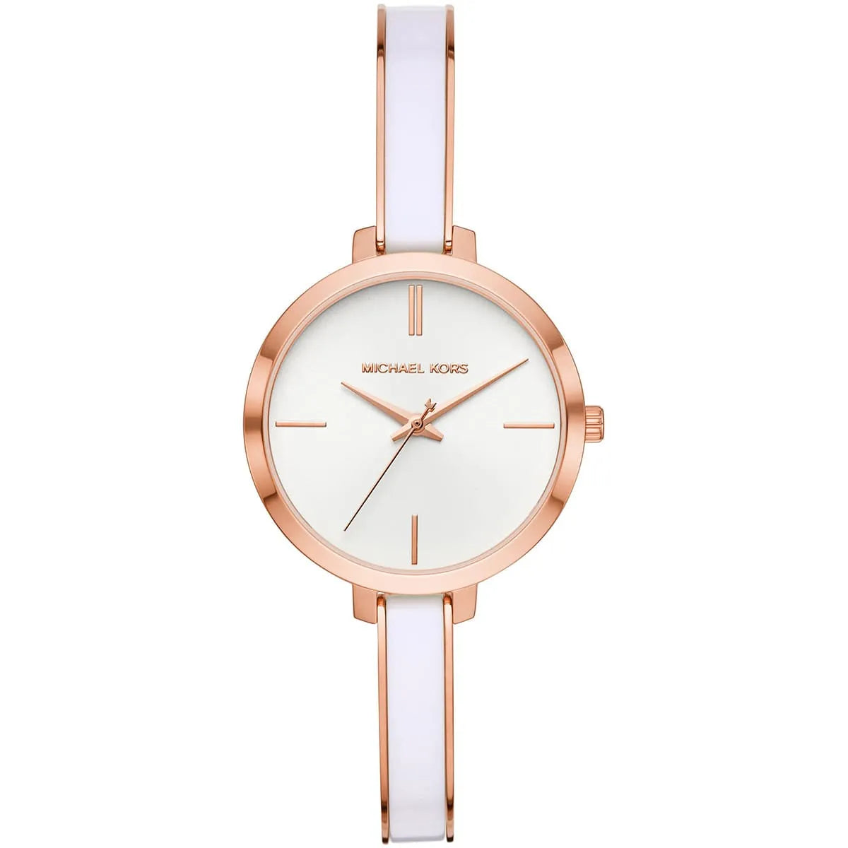 Michael Kors Jaryn analog watch with white dial, rose gold markers, and white strap