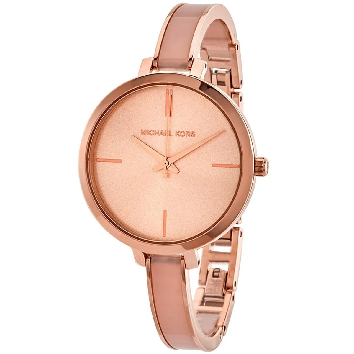 Angled view of Michael Kors Jaryn watch showing round dial and pink strap