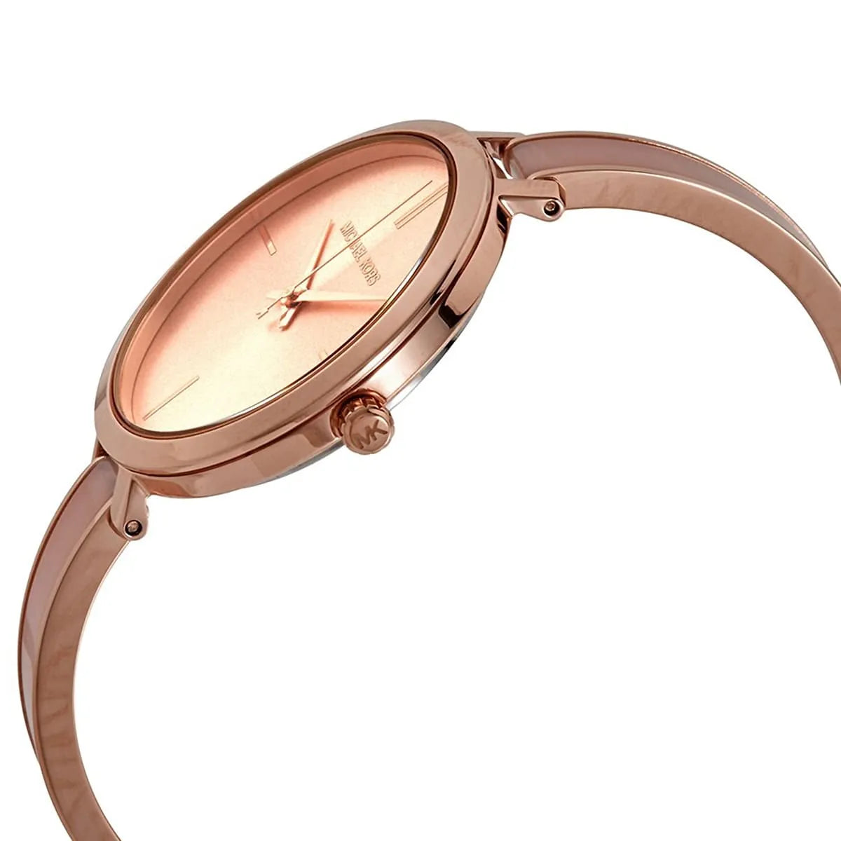 Side profile of Michael Kors Jaryn watch case and pink steel bracelet