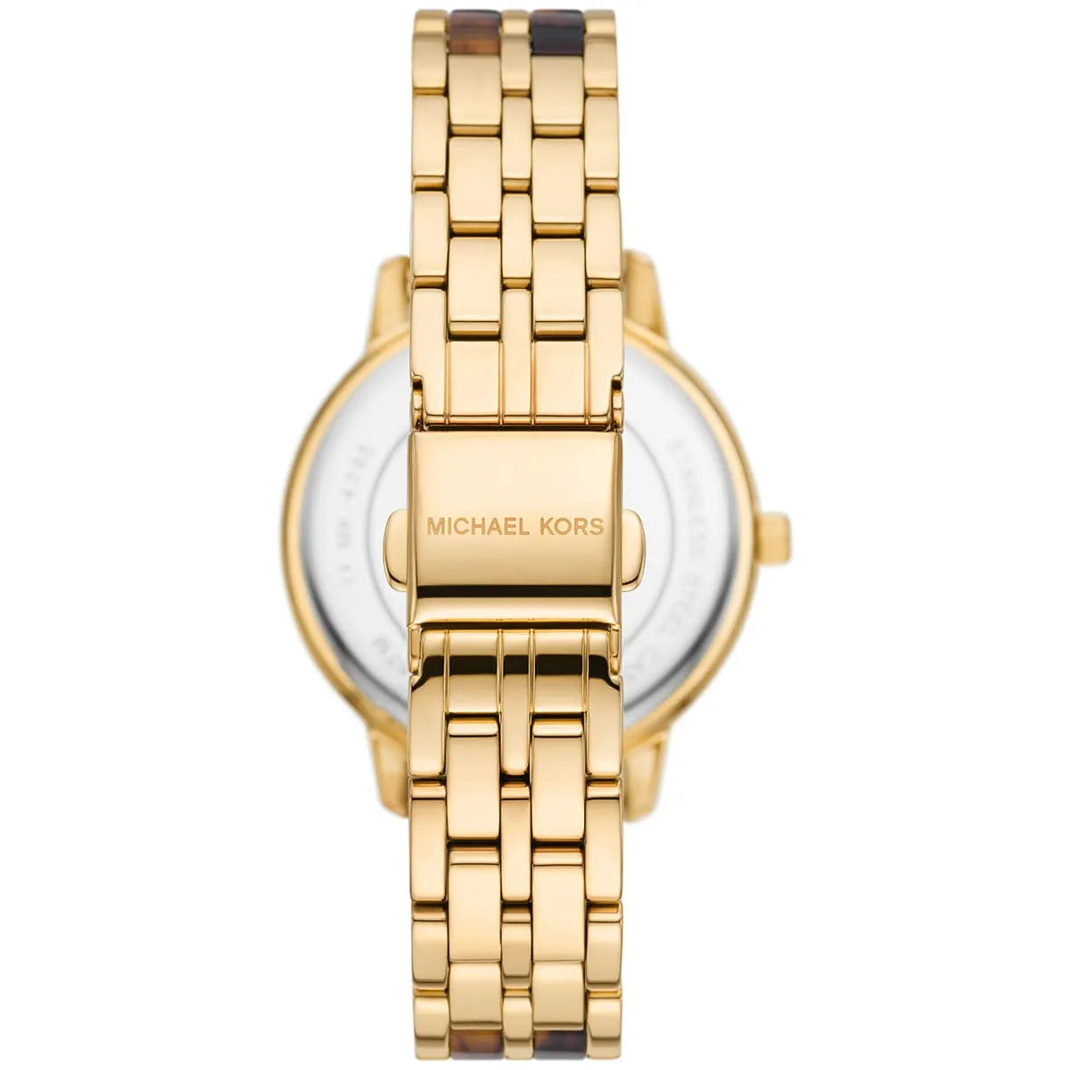 Michael Kors Melissa MK4395 caseback showing stainless steel with tortoise and gold accent bands
