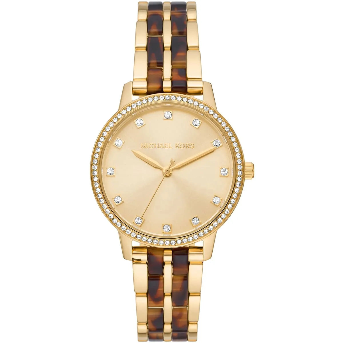 Michael Kors Melissa MK4395 women's watch with gold sunray dial, crystal bezel, gold and tortoise bracelet