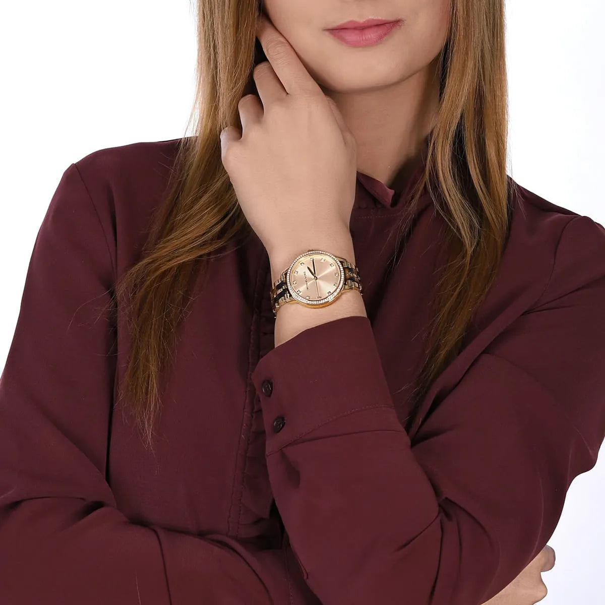 Michael Kors Melissa MK4395 women's watch worn on wrist with gold sunray dial