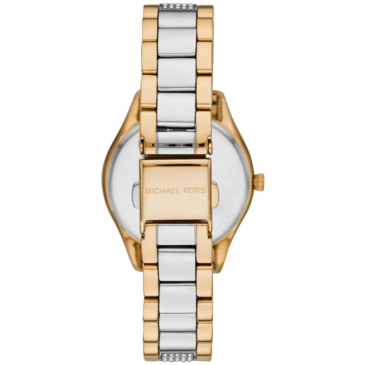 Back view of Michael Kors Lauryn watch with Michael Kors engraving on gold case