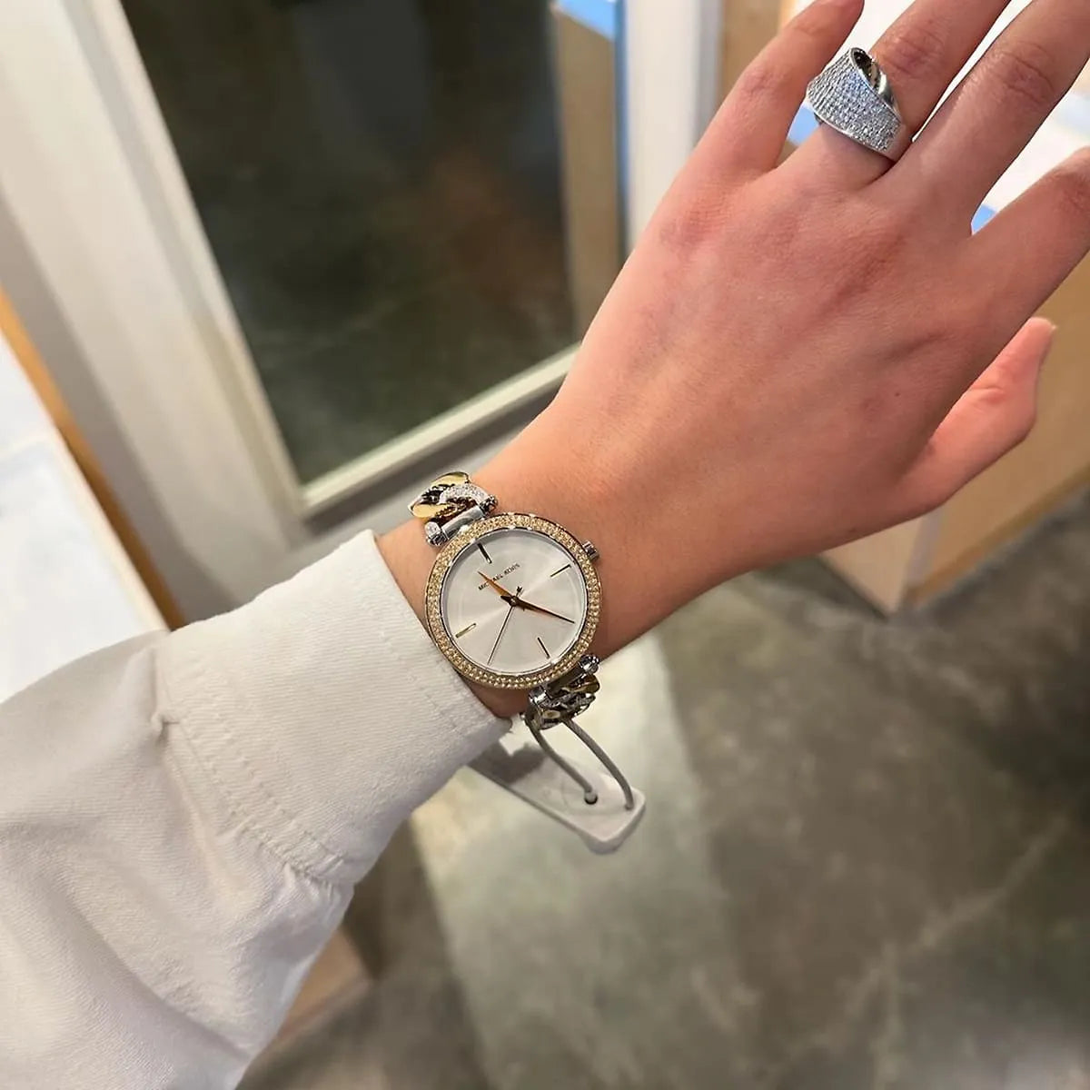 Michael Kors Catelyn Three-Hand Crystals Silver Dial Two Tone Steel Strap Watch MK4633
