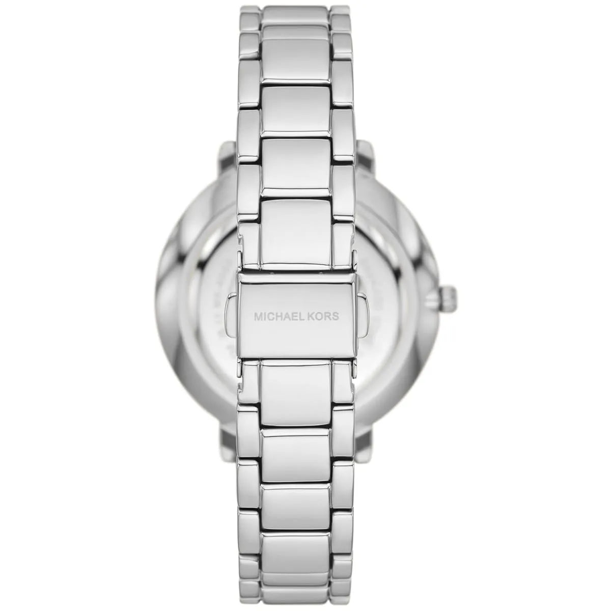 Back view of Michael Kors Pyper watch showing caseback with Michael Kors branding and stainless steel bracelet