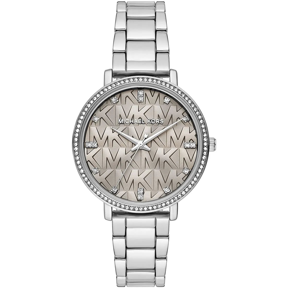 Michael Kors Pyper women's watch with grey MK monogram dial, crystal bezel, and silver stainless steel bracelet
