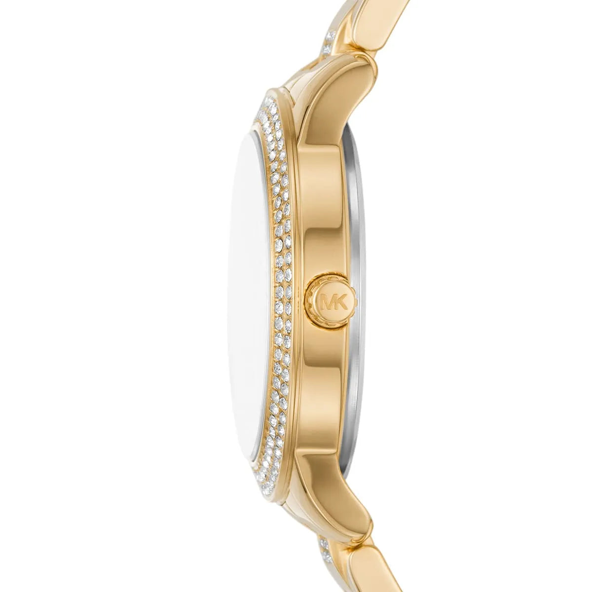 Side view of Michael Kors Tibby watch showing gold case, crystal bezel, and bracelet