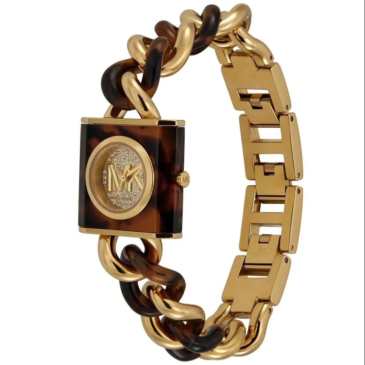 MK4808 Chain Lock watch at angle showing chain strap with gold and tortoiseshell links