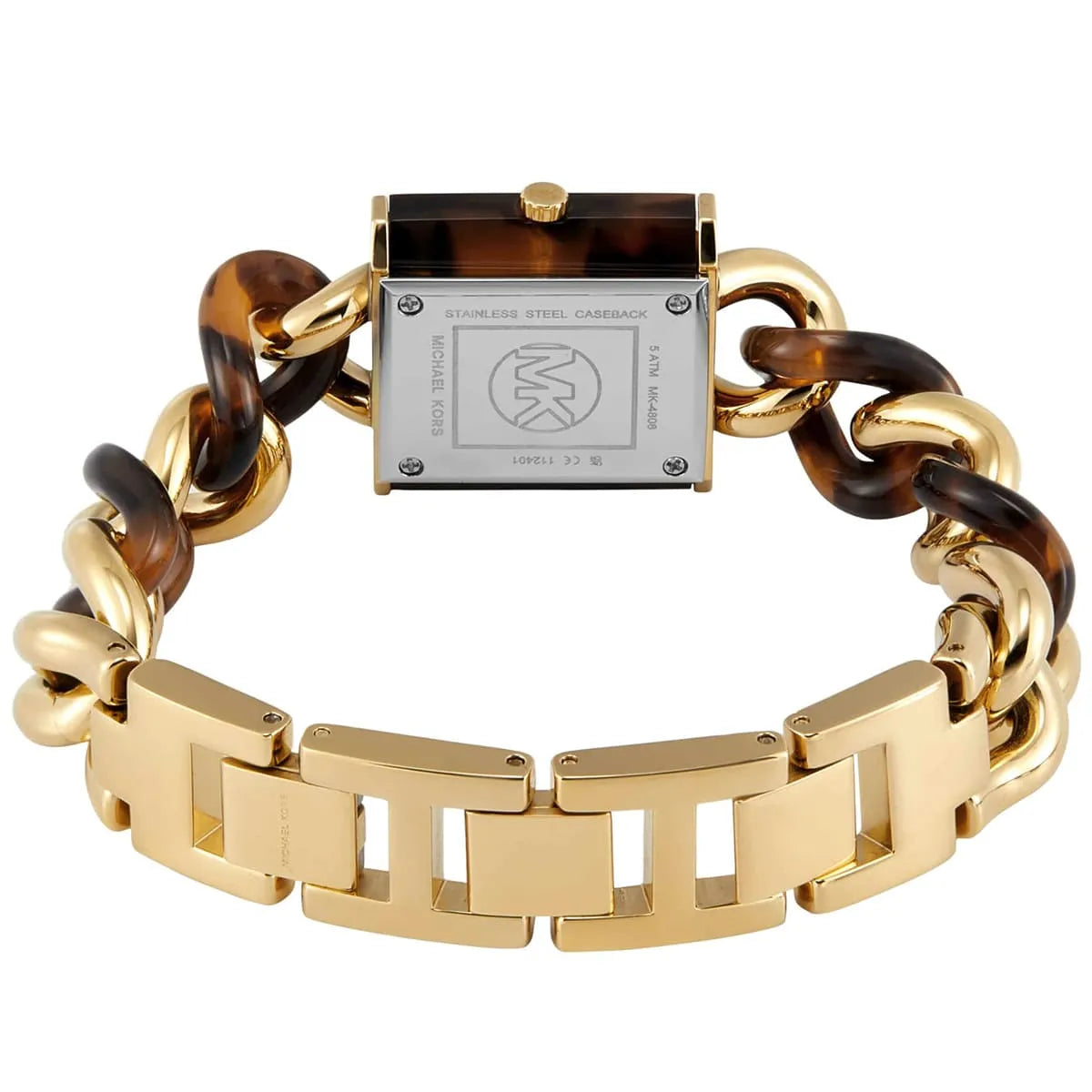 MK4808 watch caseback view showing stainless steel case with gold chain link attachment