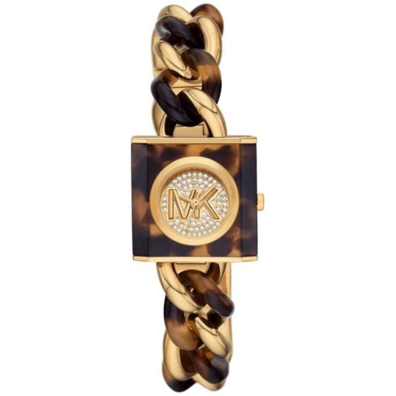 Michael Kors MK4808 Chain Lock watch with tortoiseshell case and gold-tone chain strap