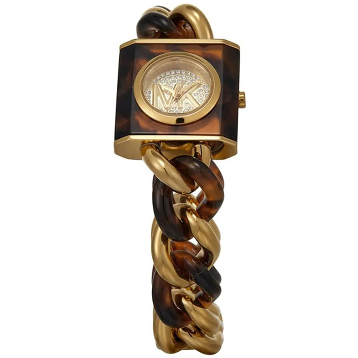 Side view of MK4808 Chain Lock watch showing tortoiseshell and gold-tone chain