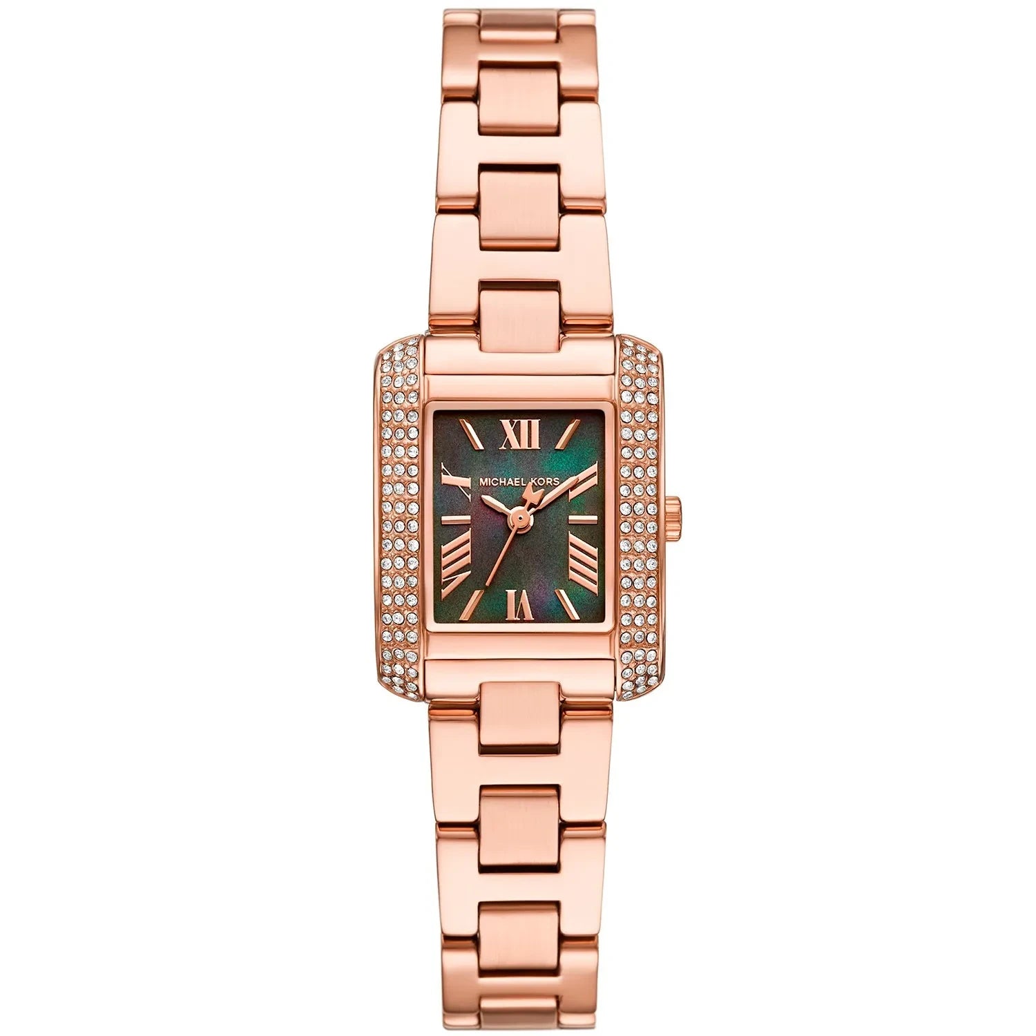 Michael Kors Mini Emery rectangular watch with rose gold case, pavé bezel, green mother-of-pearl dial and rose gold bracelet